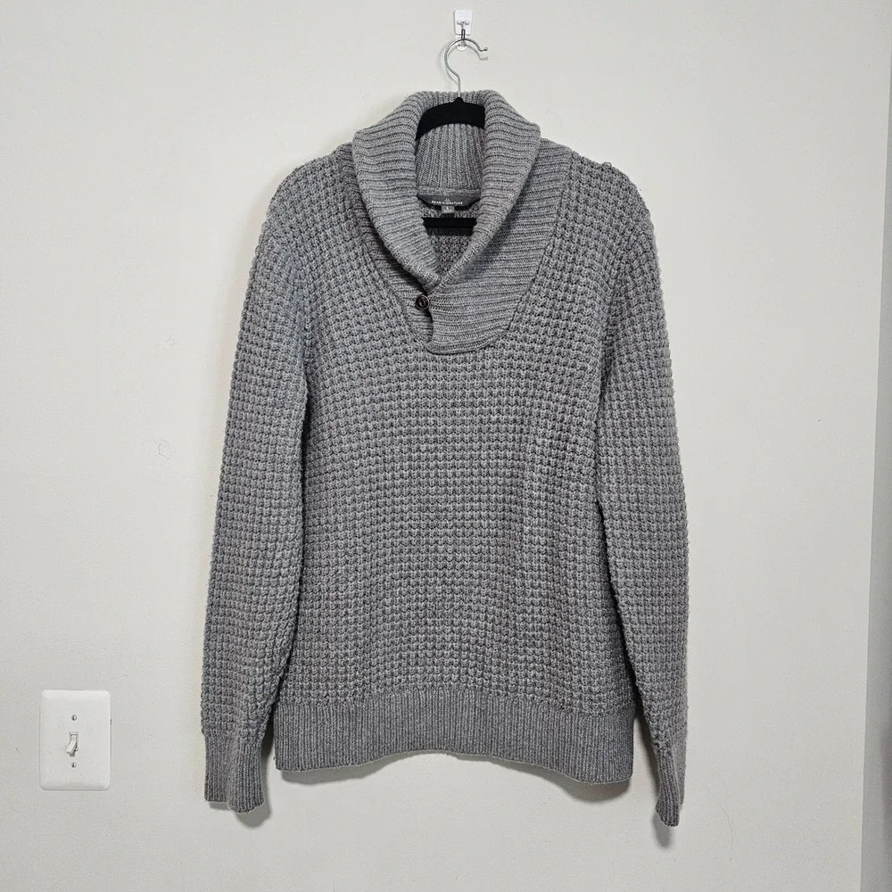 LL Bean Signature Mens Sweater Large Gray Merino Cashmere Shawl Chunky Knit Prep